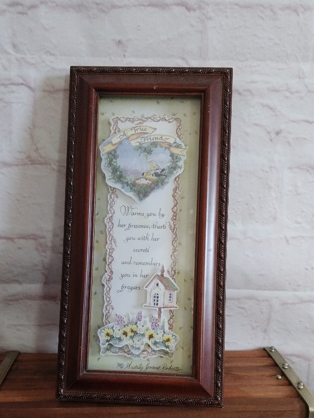Framed Floral Prayer Artwork in Brown Wood Frame